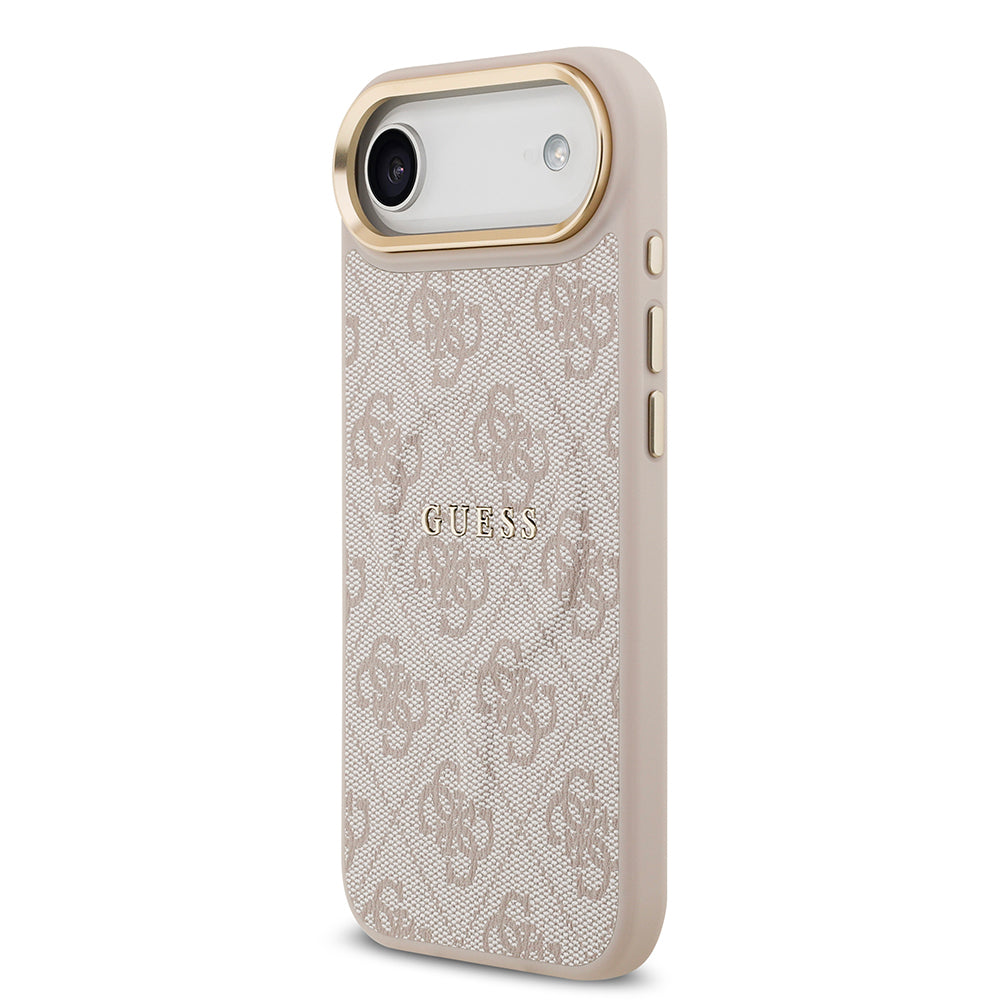 Apple iPhone 17 Air Kılıf Guess Orjinal Lisanslı M-safe Şarj Özellikli Gold Metal Kamera Çerçeveli PU Deri 4G Desenli Yazı Logolu Kapak Pembe