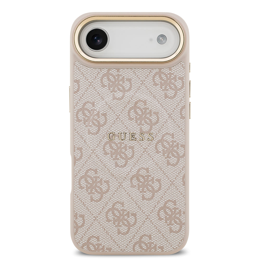 Apple iPhone 17 Air Kılıf Guess Orjinal Lisanslı M-safe Şarj Özellikli Gold Metal Kamera Çerçeveli PU Deri 4G Desenli Yazı Logolu Kapak Pembe
