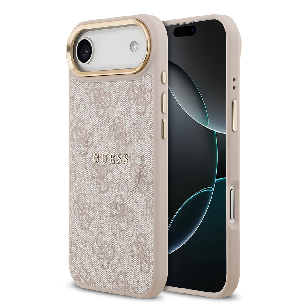 Apple iPhone 17 Air Kılıf Guess Orjinal Lisanslı M-safe Şarj Özellikli Gold Metal Kamera Çerçeveli PU Deri 4G Desenli Yazı Logolu Kapak Pembe