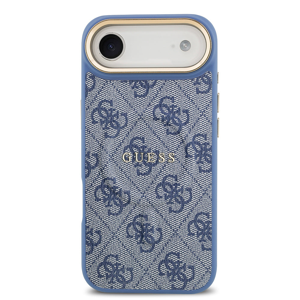 Apple iPhone 17 Air Kılıf Guess Orjinal Lisanslı M-safe Şarj Özellikli Gold Metal Kamera Çerçeveli PU Deri 4G Desenli Yazı Logolu Kapak Mavi