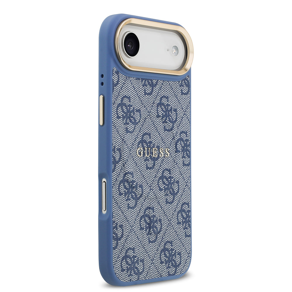 Apple iPhone 17 Air Kılıf Guess Orjinal Lisanslı M-safe Şarj Özellikli Gold Metal Kamera Çerçeveli PU Deri 4G Desenli Yazı Logolu Kapak Mavi