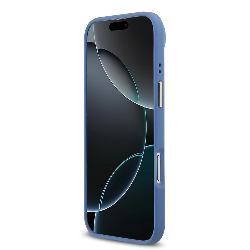 Apple iPhone 17 Air Kılıf Guess Orjinal Lisanslı M-safe Şarj Özellikli Gold Metal Kamera Çerçeveli PU Deri 4G Desenli Yazı Logolu Kapak Mavi