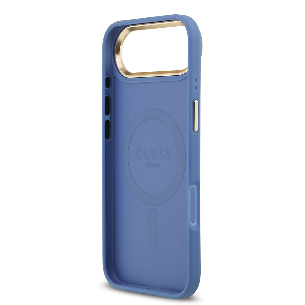 Apple iPhone 17 Air Kılıf Guess Orjinal Lisanslı M-safe Şarj Özellikli Gold Metal Kamera Çerçeveli PU Deri 4G Desenli Yazı Logolu Kapak Mavi