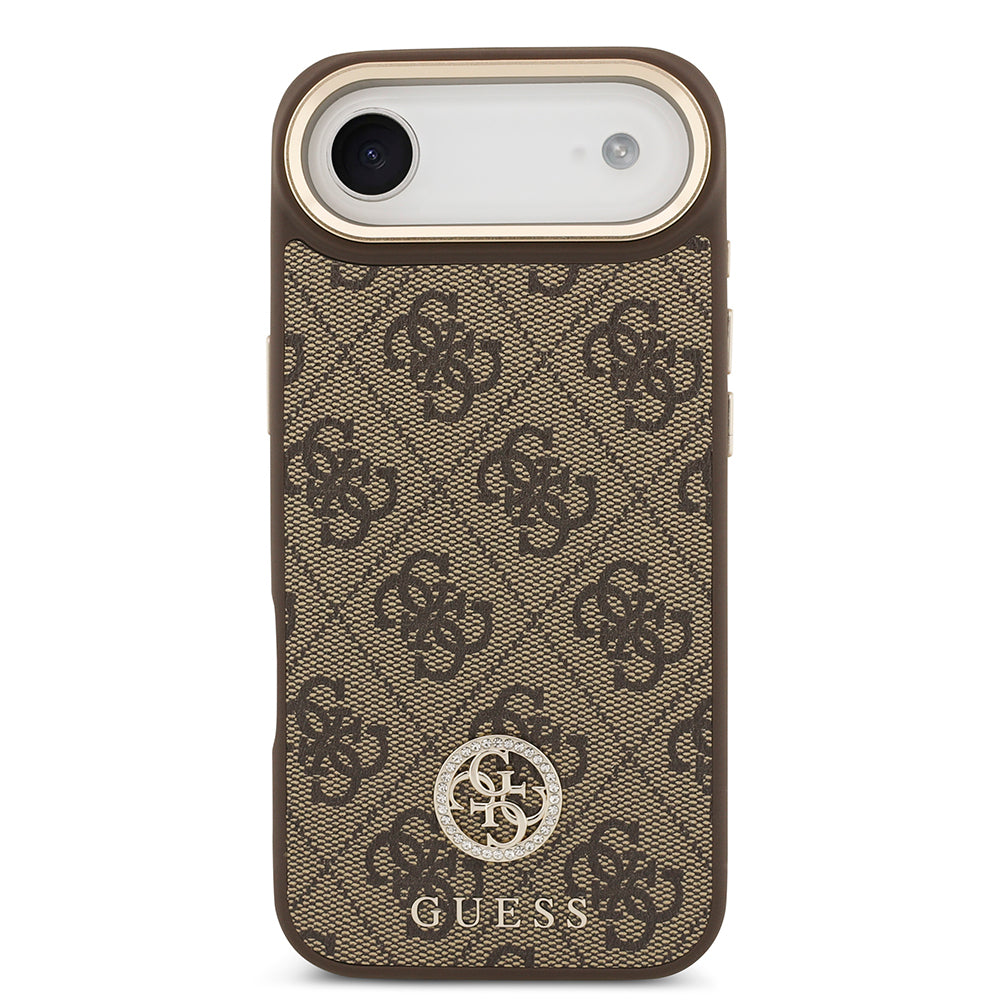 Apple iPhone 17 Air Kılıf Guess Orjinal Lisanslı M-safe Şarj Özellikli Gold Metal Kamera Çerçeveli Taşlı 4G Logolu Kapak Kahverengi
