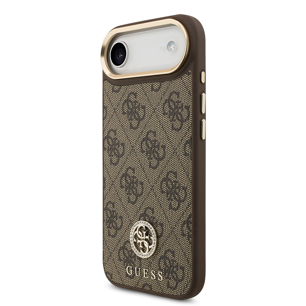 Apple iPhone 17 Air Kılıf Guess Orjinal Lisanslı M-safe Şarj Özellikli Gold Metal Kamera Çerçeveli Taşlı 4G Logolu Kapak Kahverengi