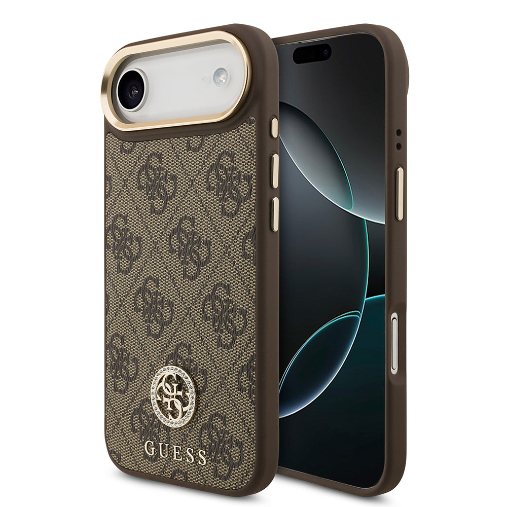 Apple iPhone 17 Air Kılıf Guess Orjinal Lisanslı M-safe Şarj Özellikli Gold Metal Kamera Çerçeveli Taşlı 4G Logolu Kapak Kahverengi