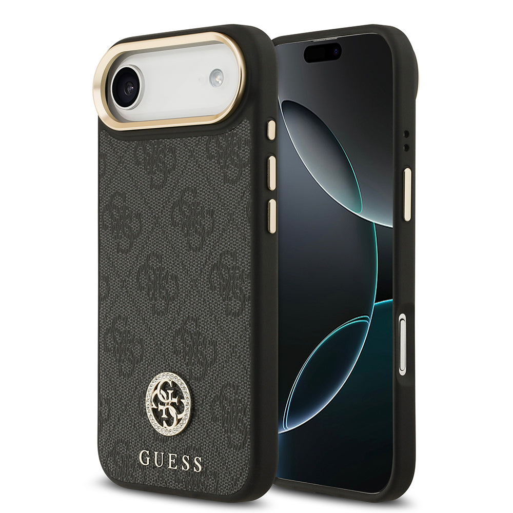 Apple iPhone 17 Air Kılıf Guess Orjinal Lisanslı M-safe Şarj Özellikli Gold Metal Kamera Çerçeveli Taşlı 4G Logolu Kapak Siyah
