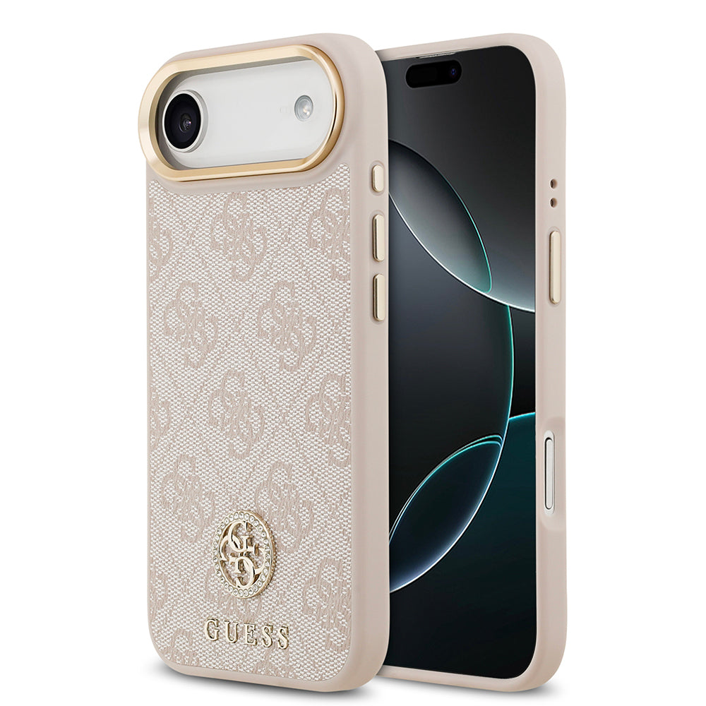 Apple iPhone 17 Air Kılıf Guess Orjinal Lisanslı M-safe Şarj Özellikli Gold Metal Kamera Çerçeveli Taşlı 4G Logolu Kapak Pembe