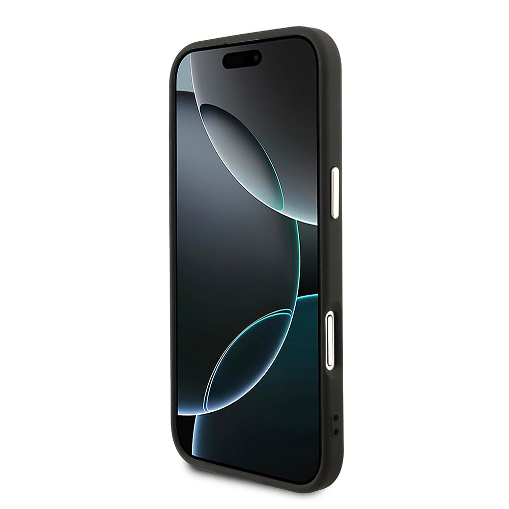 Apple iPhone 17 Air Kılıf Guess Orjinal Lisanslı M-safe Şarj Özellikli Gold Metal Kamera Çerçeveli Taşlı Üçgen Logo 4G Desenli Kapak Siyah