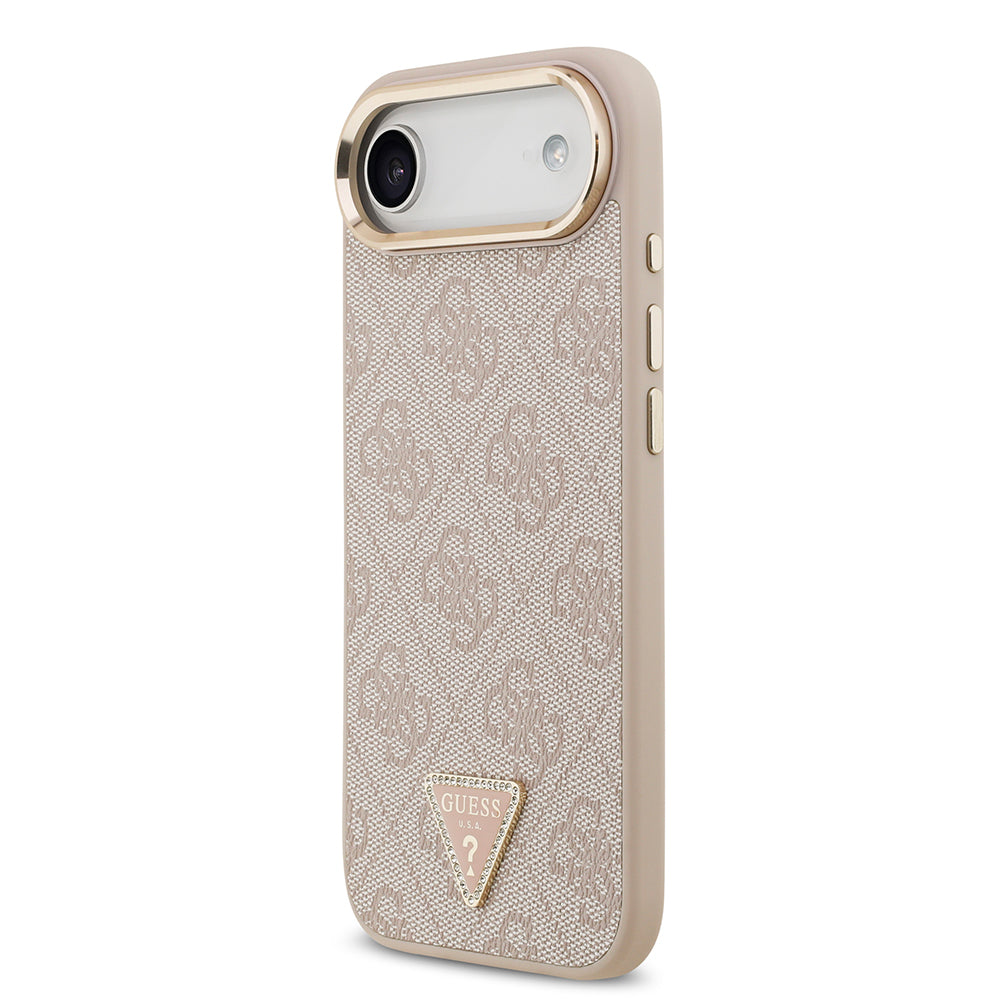 Apple iPhone 17 Air Kılıf Guess Orjinal Lisanslı M-safe Şarj Özellikli Gold Metal Kamera Çerçeveli Taşlı Üçgen Logo 4G Desenli Kapak Pembe