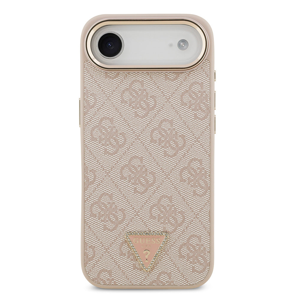 Apple iPhone 17 Air Kılıf Guess Orjinal Lisanslı M-safe Şarj Özellikli Gold Metal Kamera Çerçeveli Taşlı Üçgen Logo 4G Desenli Kapak Pembe