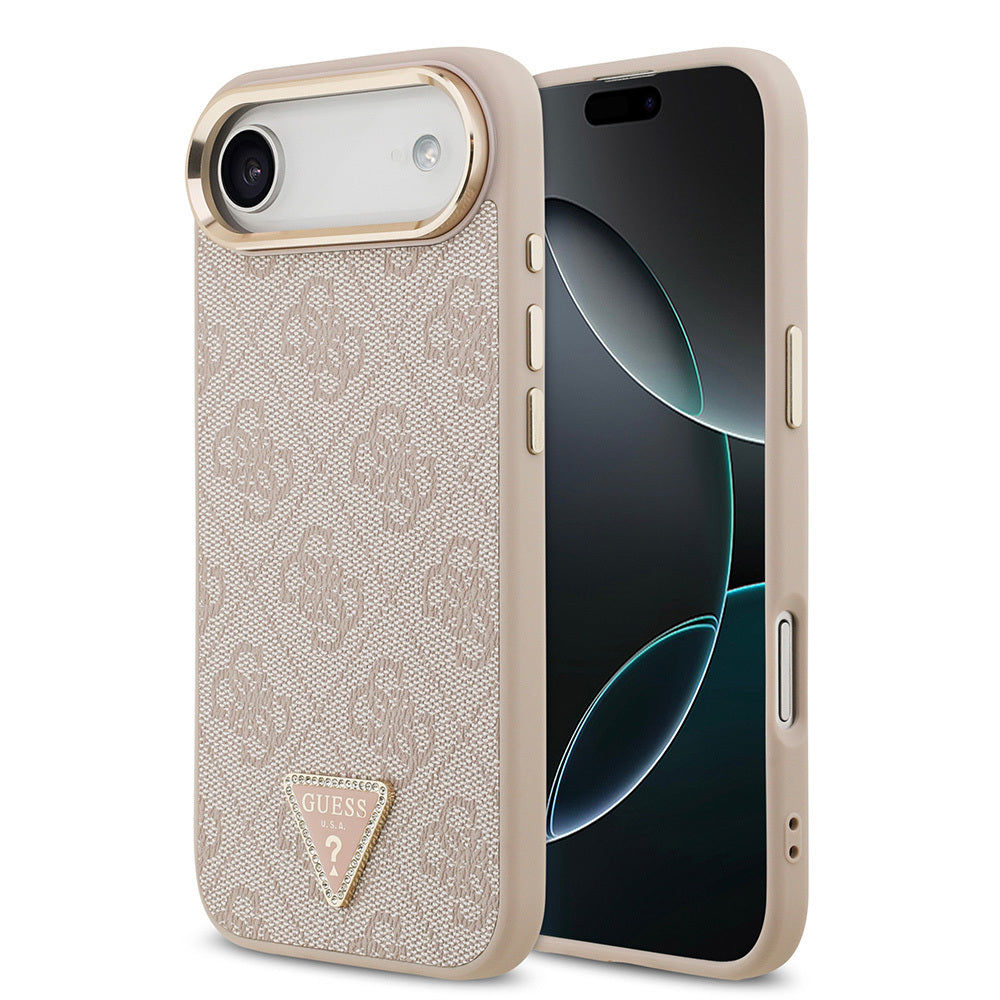 Apple iPhone 17 Air Kılıf Guess Orjinal Lisanslı M-safe Şarj Özellikli Gold Metal Kamera Çerçeveli Taşlı Üçgen Logo 4G Desenli Kapak Pembe