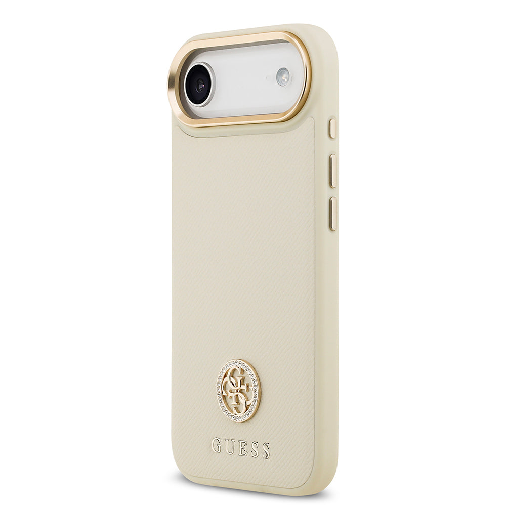 Apple iPhone 17 Air Kılıf Guess Orjinal Lisanslı M-safe Şarj Özellikli Grained Yazı ve Taşlı 4G Logolu Kapak Bej