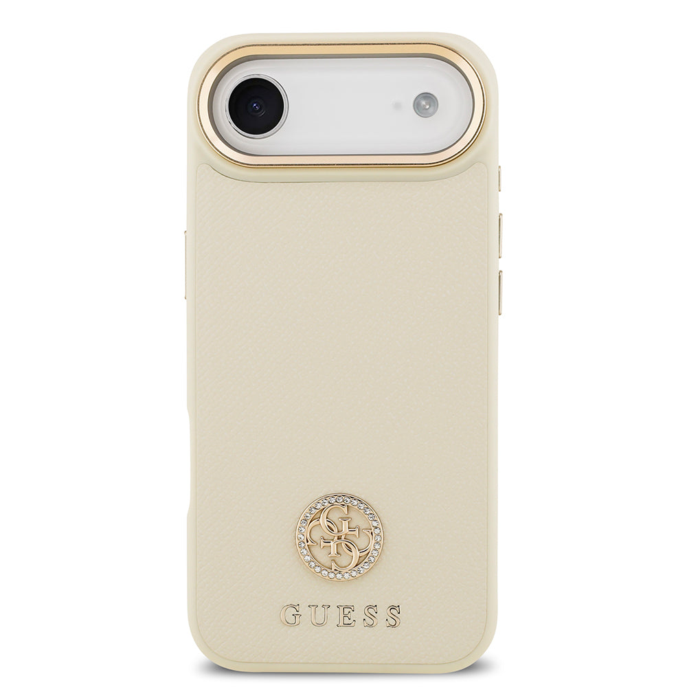 Apple iPhone 17 Air Kılıf Guess Orjinal Lisanslı M-safe Şarj Özellikli Grained Yazı ve Taşlı 4G Logolu Kapak Bej