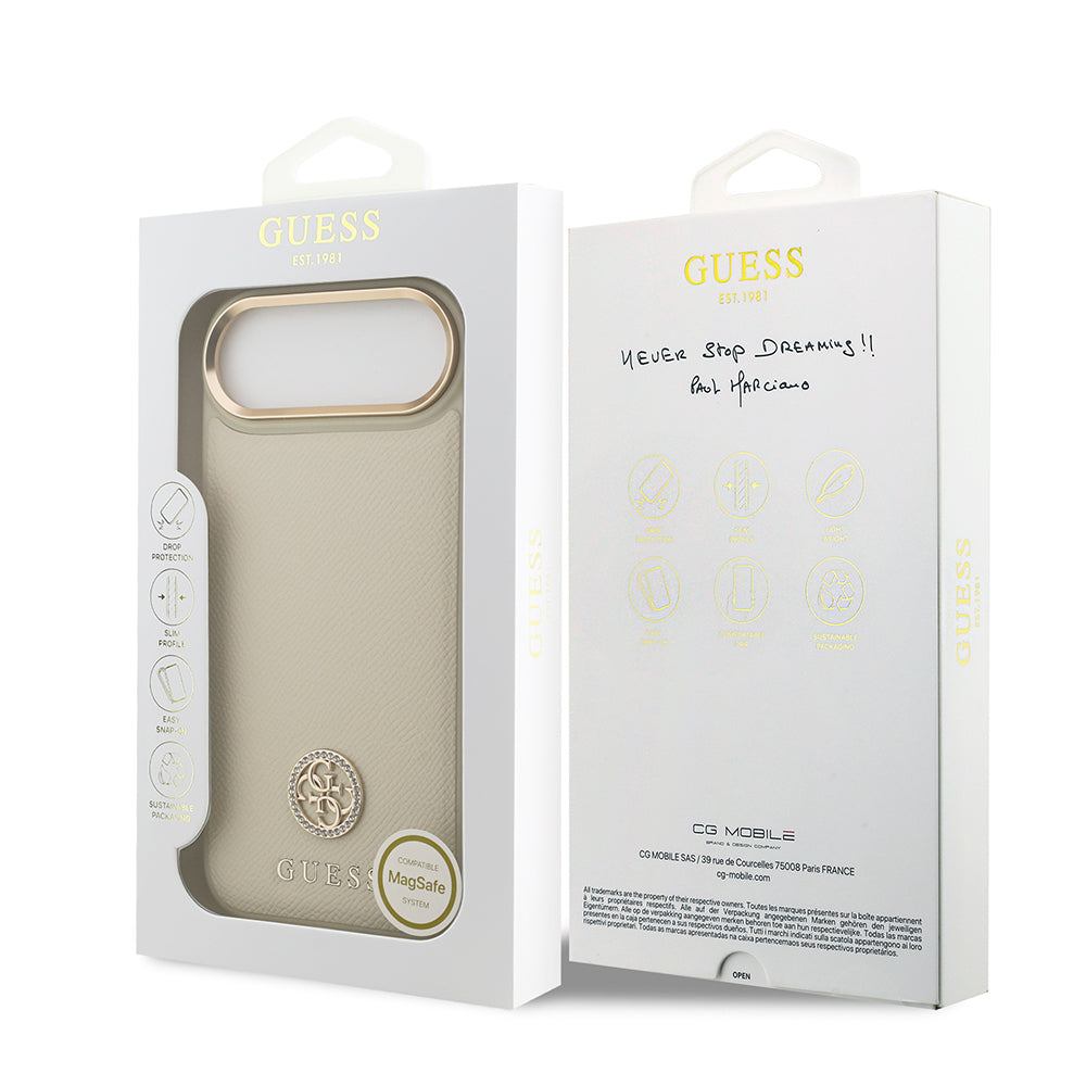 Apple iPhone 17 Air Kılıf Guess Orjinal Lisanslı M-safe Şarj Özellikli Grained Yazı ve Taşlı 4G Logolu Kapak Bej