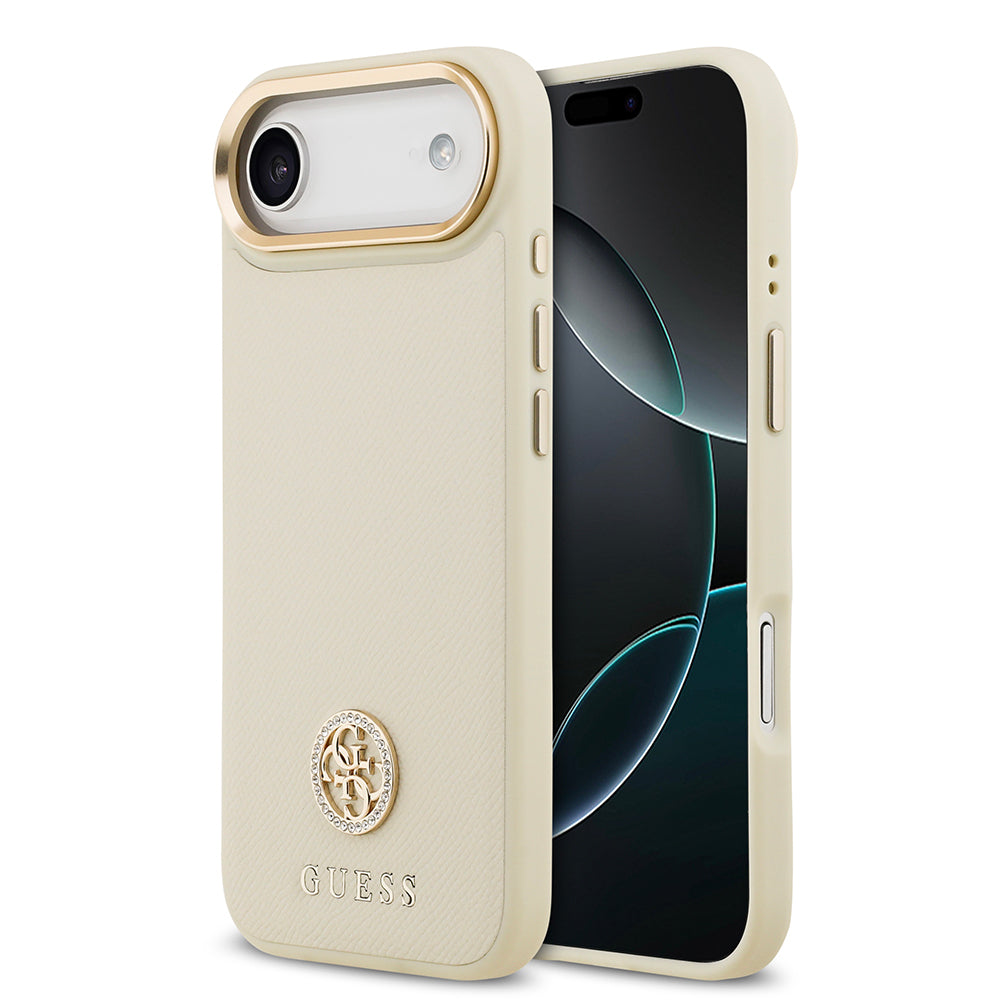 Apple iPhone 17 Air Kılıf Guess Orjinal Lisanslı M-safe Şarj Özellikli Grained Yazı ve Taşlı 4G Logolu Kapak Bej