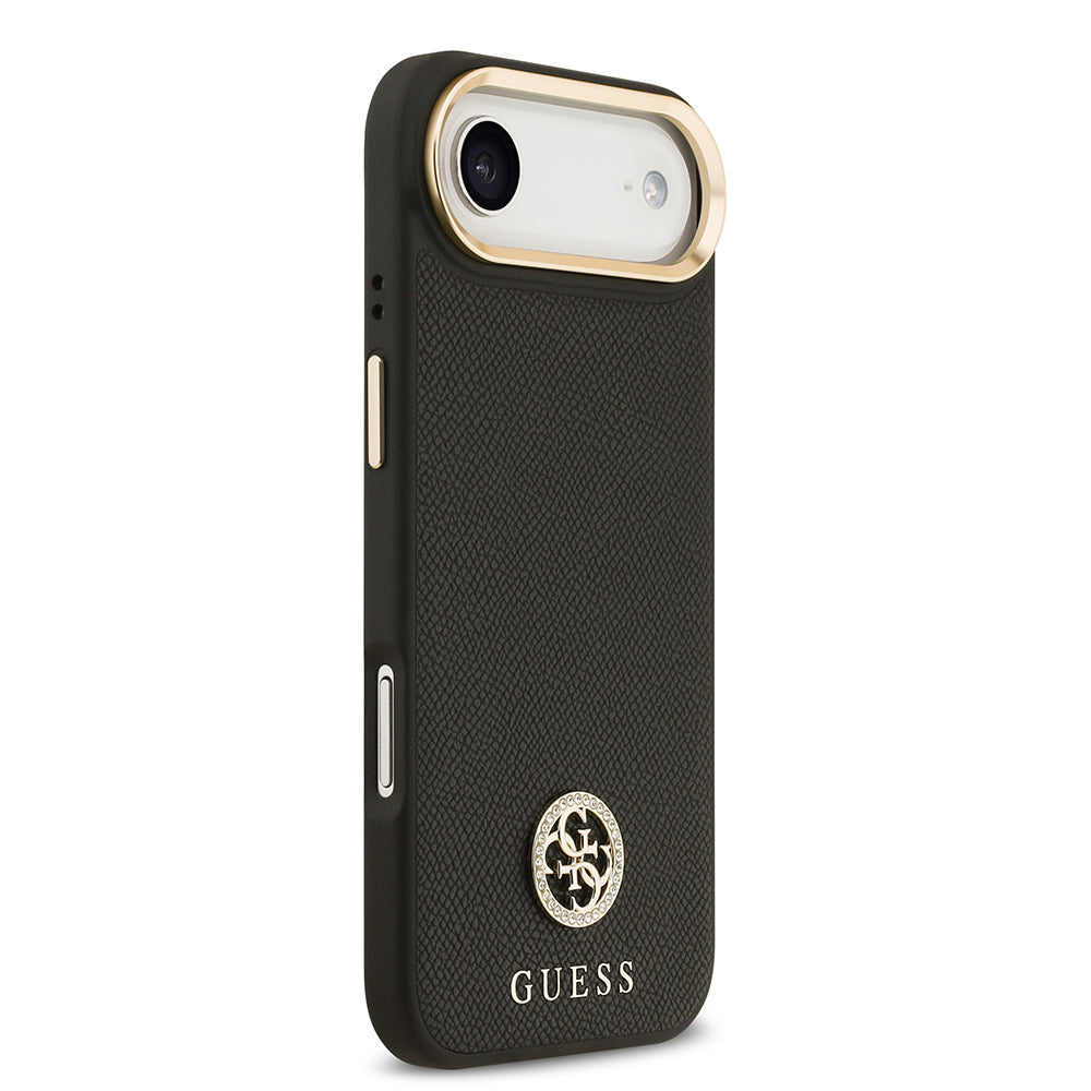 Apple iPhone 17 Air Kılıf Guess Orjinal Lisanslı M-safe Şarj Özellikli Grained Yazı ve Taşlı 4G Logolu Kapak Siyah