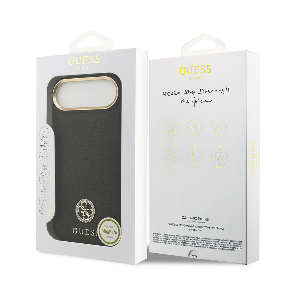 Apple iPhone 17 Air Kılıf Guess Orjinal Lisanslı M-safe Şarj Özellikli Grained Yazı ve Taşlı 4G Logolu Kapak Siyah