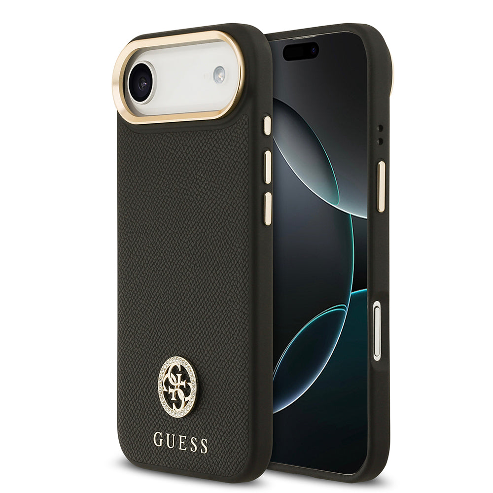 Apple iPhone 17 Air Kılıf Guess Orjinal Lisanslı M-safe Şarj Özellikli Grained Yazı ve Taşlı 4G Logolu Kapak Siyah