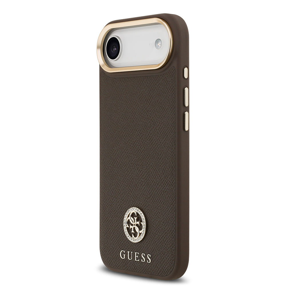 Apple iPhone 17 Air Kılıf Guess Orjinal Lisanslı M-safe Şarj Özellikli Grained Yazı ve Taşlı 4G Logolu Kapak Kahverengi