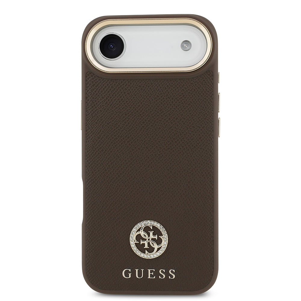 Apple iPhone 17 Air Kılıf Guess Orjinal Lisanslı M-safe Şarj Özellikli Grained Yazı ve Taşlı 4G Logolu Kapak Kahverengi