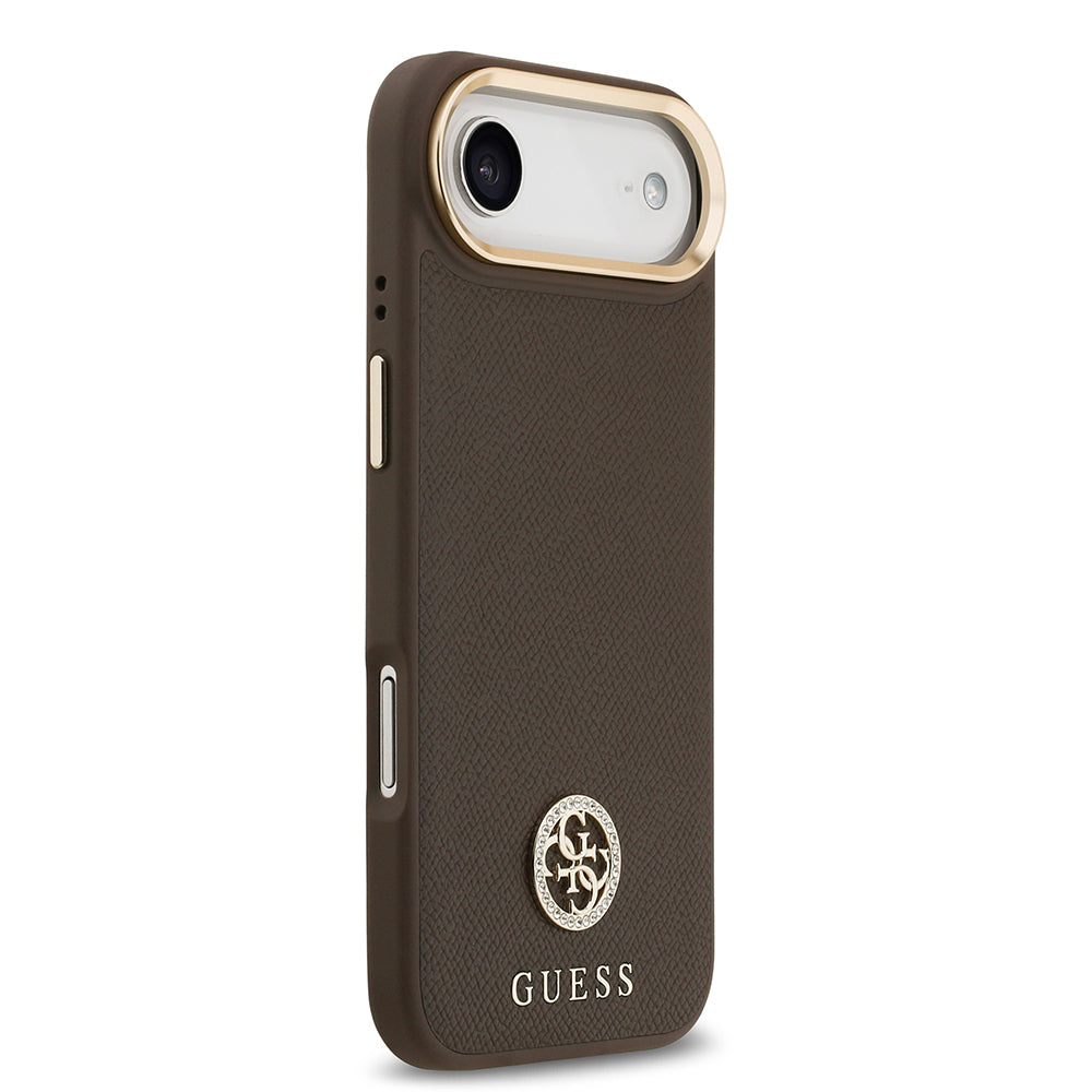 Apple iPhone 17 Air Kılıf Guess Orjinal Lisanslı M-safe Şarj Özellikli Grained Yazı ve Taşlı 4G Logolu Kapak Kahverengi