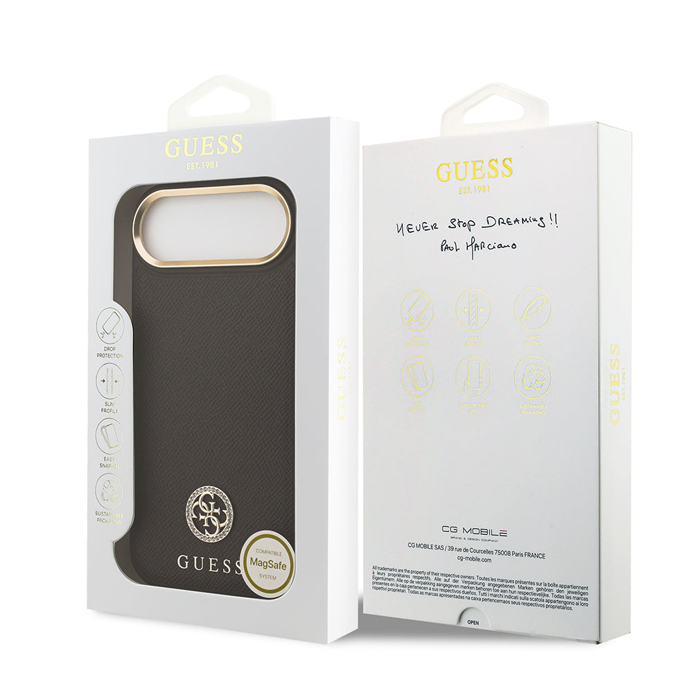 Apple iPhone 17 Air Kılıf Guess Orjinal Lisanslı M-safe Şarj Özellikli Grained Yazı ve Taşlı 4G Logolu Kapak Kahverengi