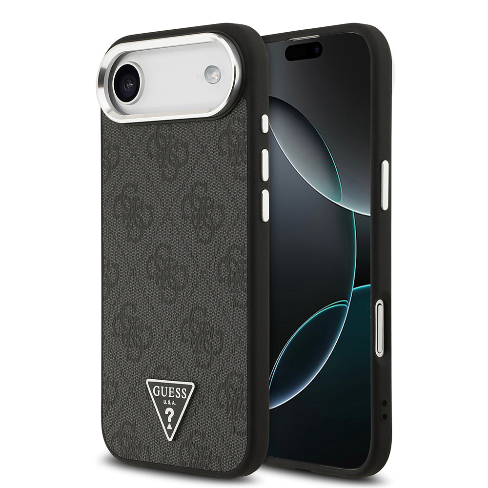 Apple iPhone 17 Air Kılıf Guess Orjinal Lisanslı M-safe Şarj Özellikli Gümüş Metal Kamera Çerçeveli Üçgen Logo 4G Desenli Kapak Siyah