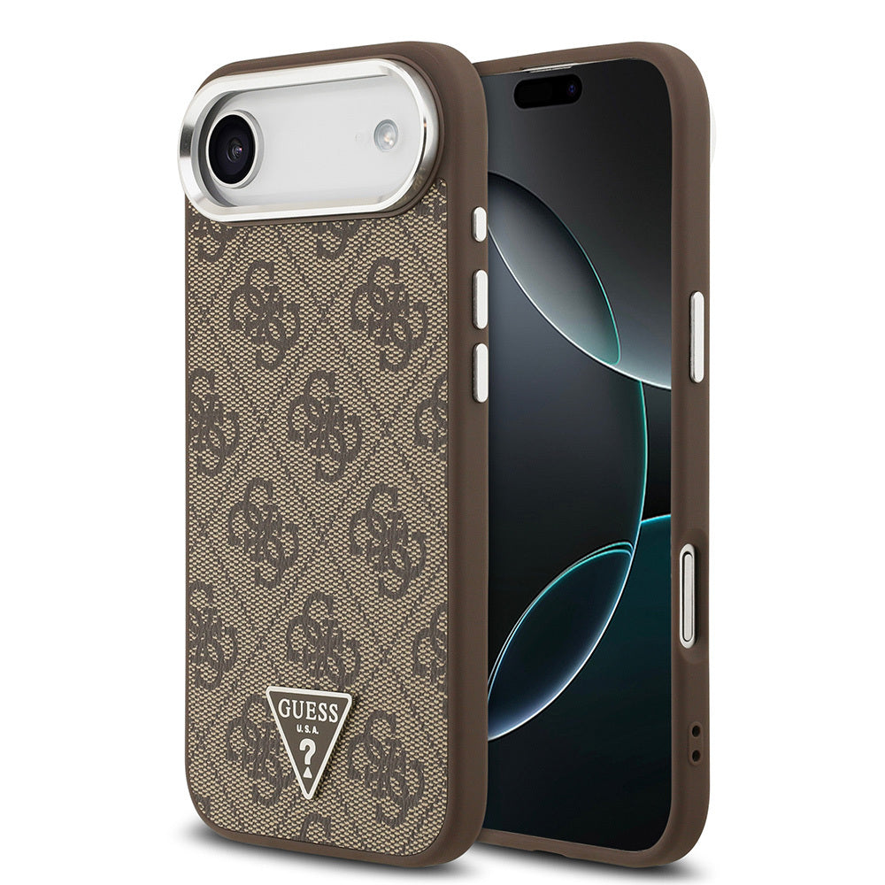 Apple iPhone 17 Air Kılıf Guess Orjinal Lisanslı M-safe Şarj Özellikli Gümüş Metal Kamera Çerçeveli Üçgen Logo 4G Desenli Kapak Kahverengi