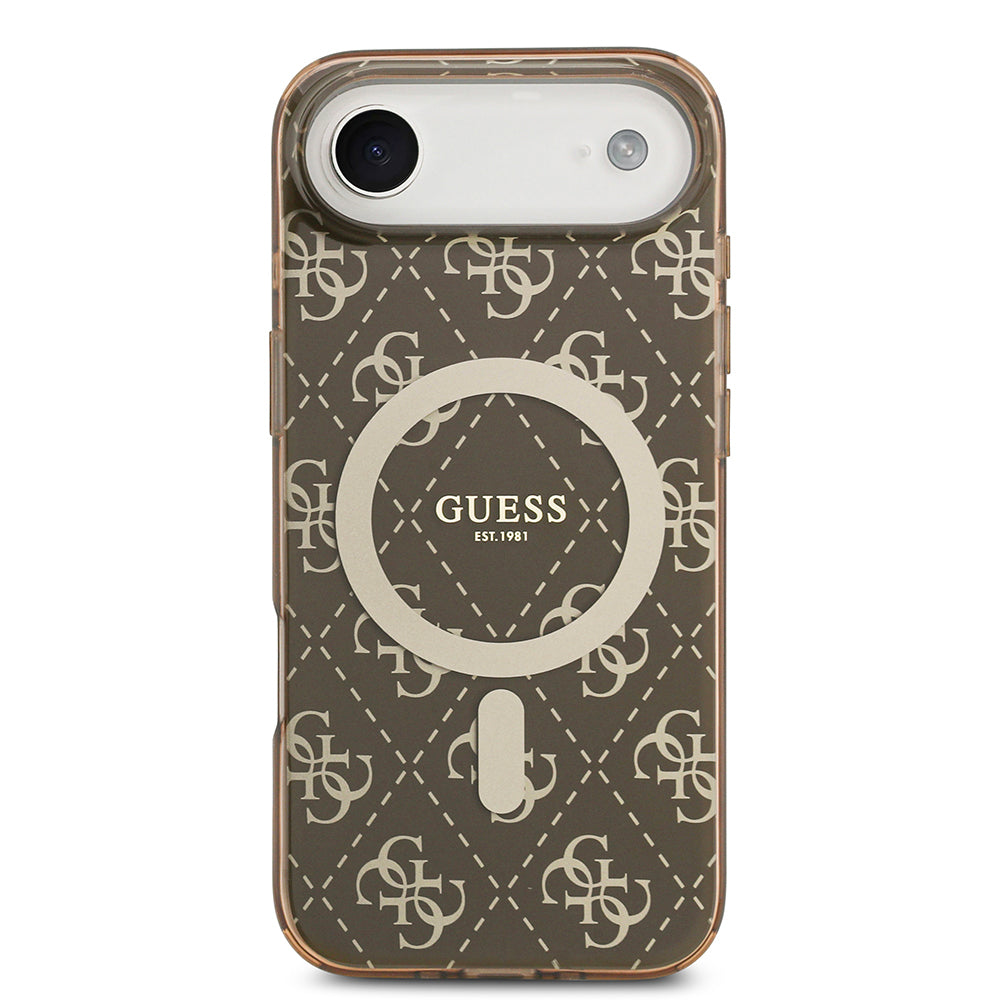 Apple iPhone 17 Air Kılıf Guess Orjinal Lisanslı M-safe Şarj Özellikli IML Baskılı Klasik Logolu 4G Desenli Kapak Kahverengi