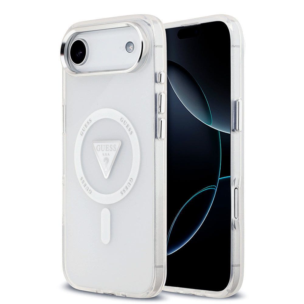 Apple iPhone 17 Air Kılıf Guess Orjinal Lisanslı M-safe Şarj Özellikli IML Baskılı Üçgen Logolu Metal Kamera Çerçeveli Kapak Şeffaf