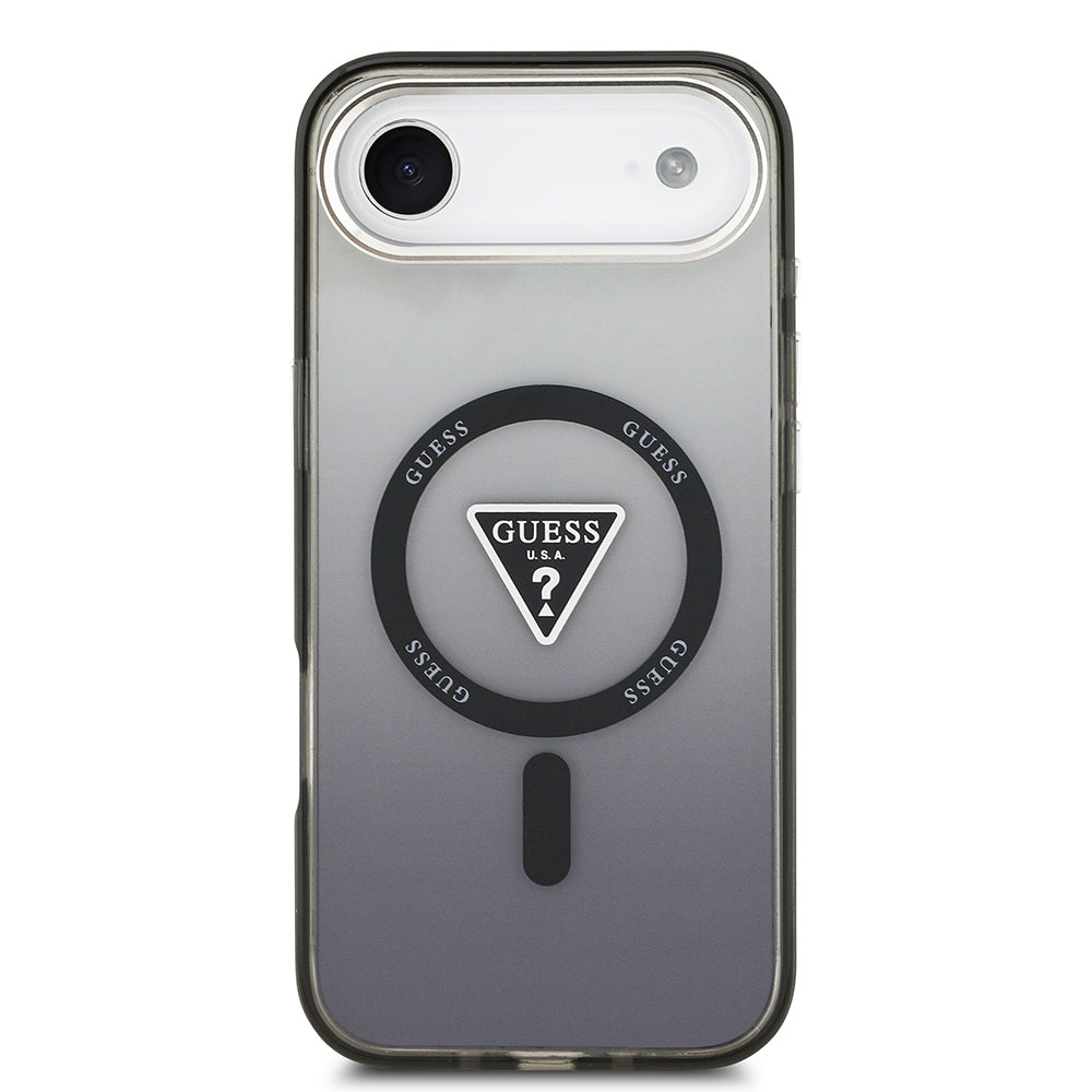 Apple iPhone 17 Air Kılıf Guess Orjinal Lisanslı M-safe Şarj Özellikli IML Baskılı Üçgen Logolu Metal Kamera Çerçeveli Kapak Siyah