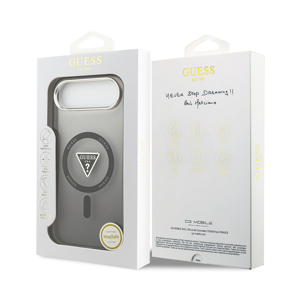 Apple iPhone 17 Air Kılıf Guess Orjinal Lisanslı M-safe Şarj Özellikli IML Baskılı Üçgen Logolu Metal Kamera Çerçeveli Kapak Siyah