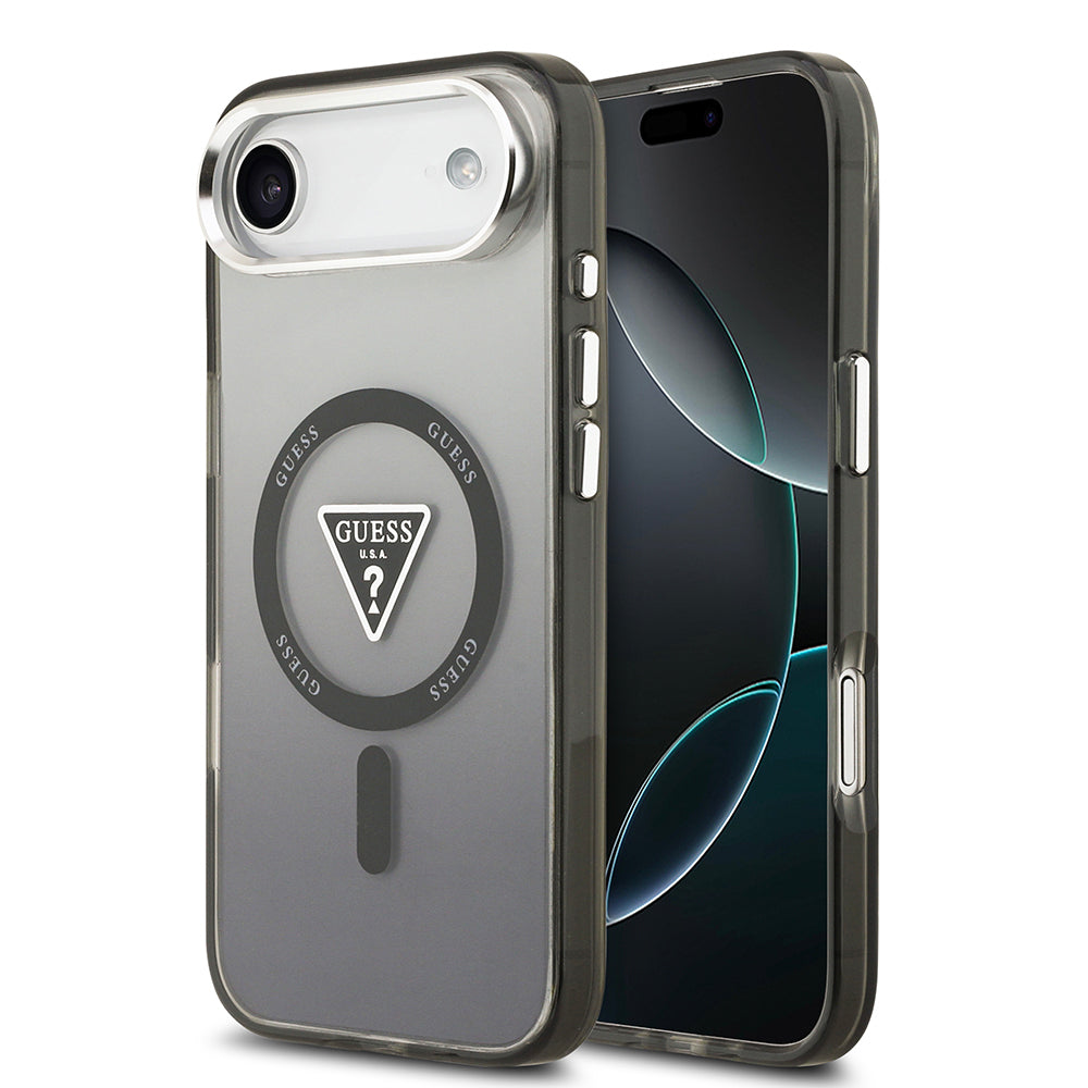 Apple iPhone 17 Air Kılıf Guess Orjinal Lisanslı M-safe Şarj Özellikli IML Baskılı Üçgen Logolu Metal Kamera Çerçeveli Kapak Siyah