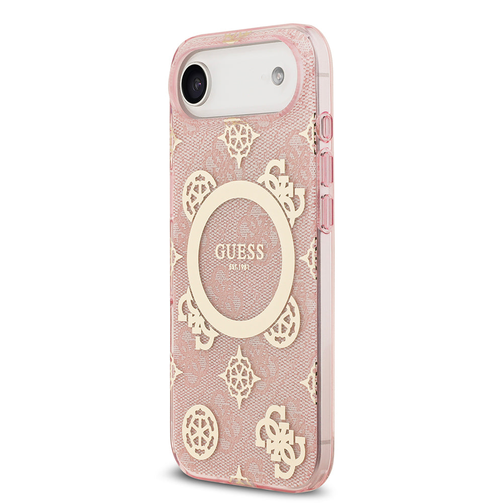 Apple iPhone 17 Air Kılıf Guess Orjinal Lisanslı M-safe Şarj Özellikli IML Peony ve 4G Desenli Klasik Logolu Kapak Pembe