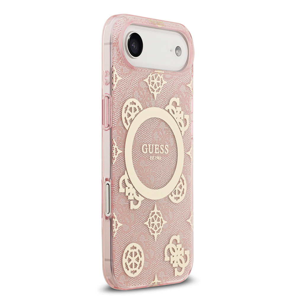 Apple iPhone 17 Air Kılıf Guess Orjinal Lisanslı M-safe Şarj Özellikli IML Peony ve 4G Desenli Klasik Logolu Kapak Pembe