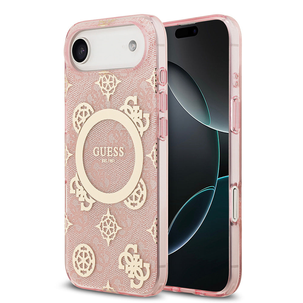 Apple iPhone 17 Air Kılıf Guess Orjinal Lisanslı M-safe Şarj Özellikli IML Peony ve 4G Desenli Klasik Logolu Kapak Pembe