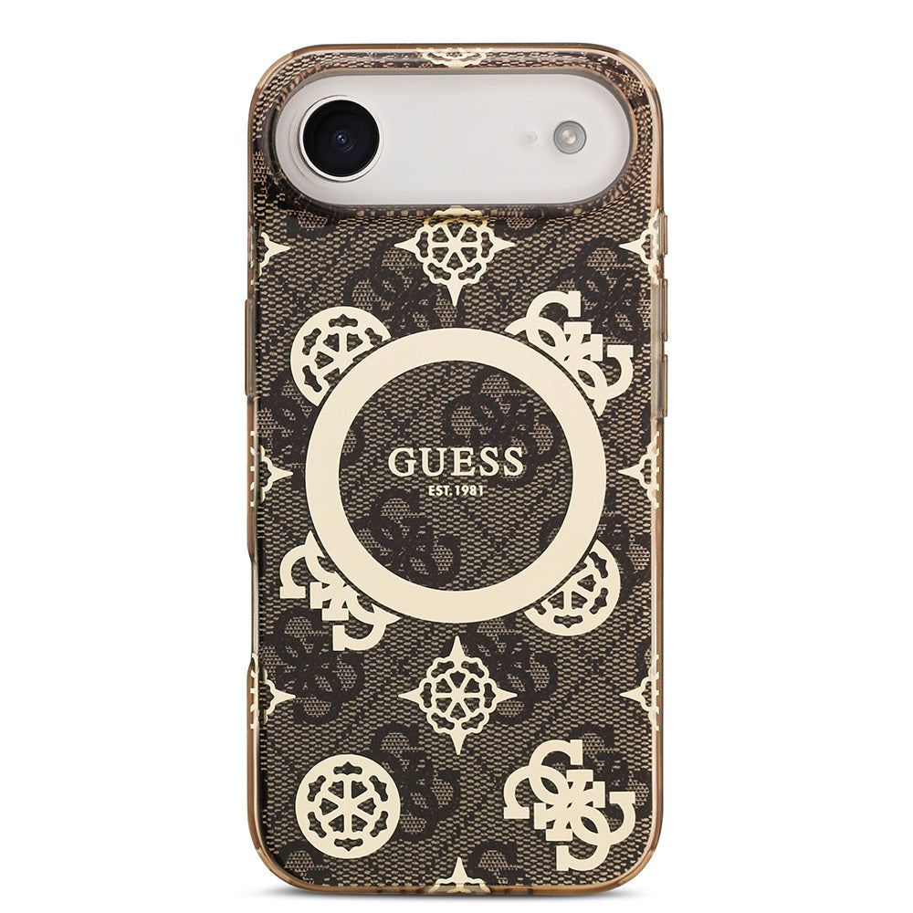 Apple iPhone 17 Air Kılıf Guess Orjinal Lisanslı M-safe Şarj Özellikli IML Peony ve 4G Desenli Klasik Logolu Kapak Kahverengi