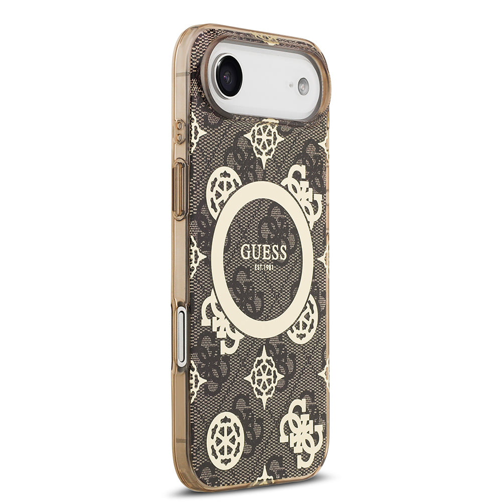 Apple iPhone 17 Air Kılıf Guess Orjinal Lisanslı M-safe Şarj Özellikli IML Peony ve 4G Desenli Klasik Logolu Kapak Kahverengi