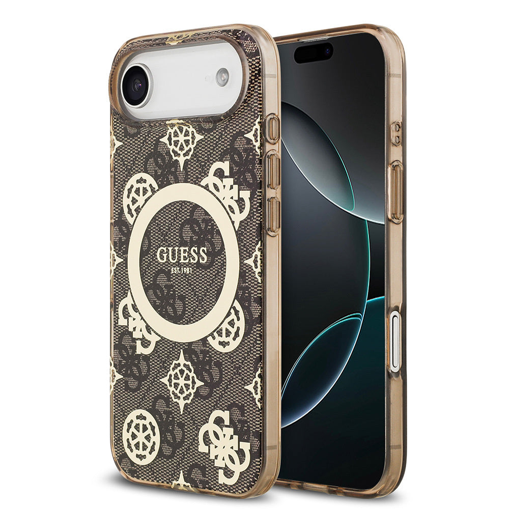 Apple iPhone 17 Air Kılıf Guess Orjinal Lisanslı M-safe Şarj Özellikli IML Peony ve 4G Desenli Klasik Logolu Kapak Kahverengi