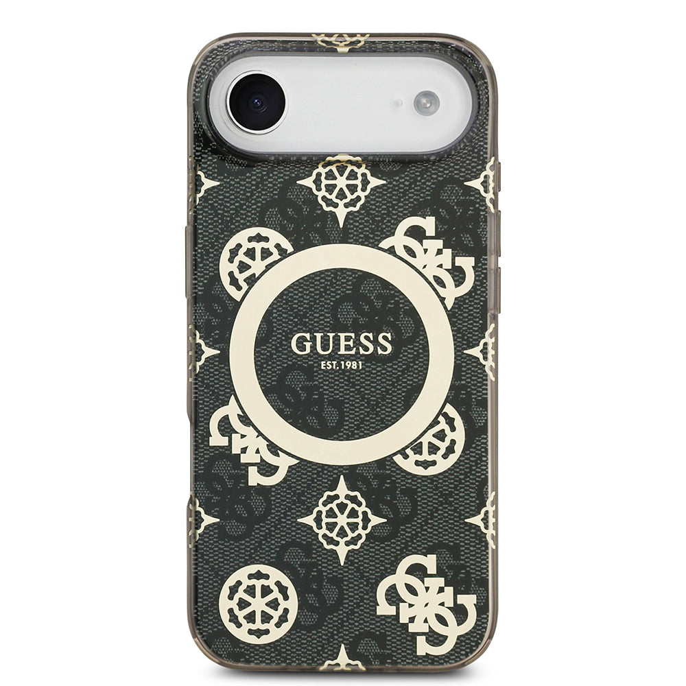 Apple iPhone 17 Air Kılıf Guess Orjinal Lisanslı M-safe Şarj Özellikli IML Peony ve 4G Desenli Klasik Logolu Kapak Siyah