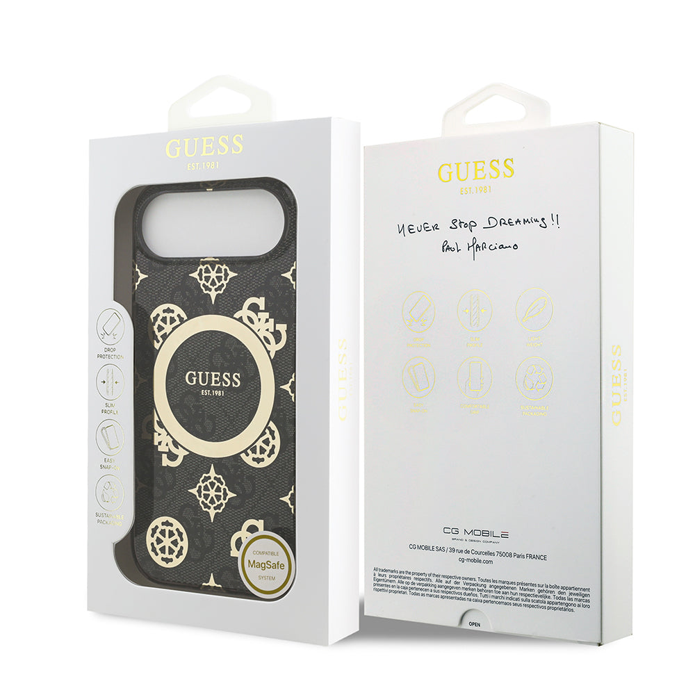 Apple iPhone 17 Air Kılıf Guess Orjinal Lisanslı M-safe Şarj Özellikli IML Peony ve 4G Desenli Klasik Logolu Kapak Siyah