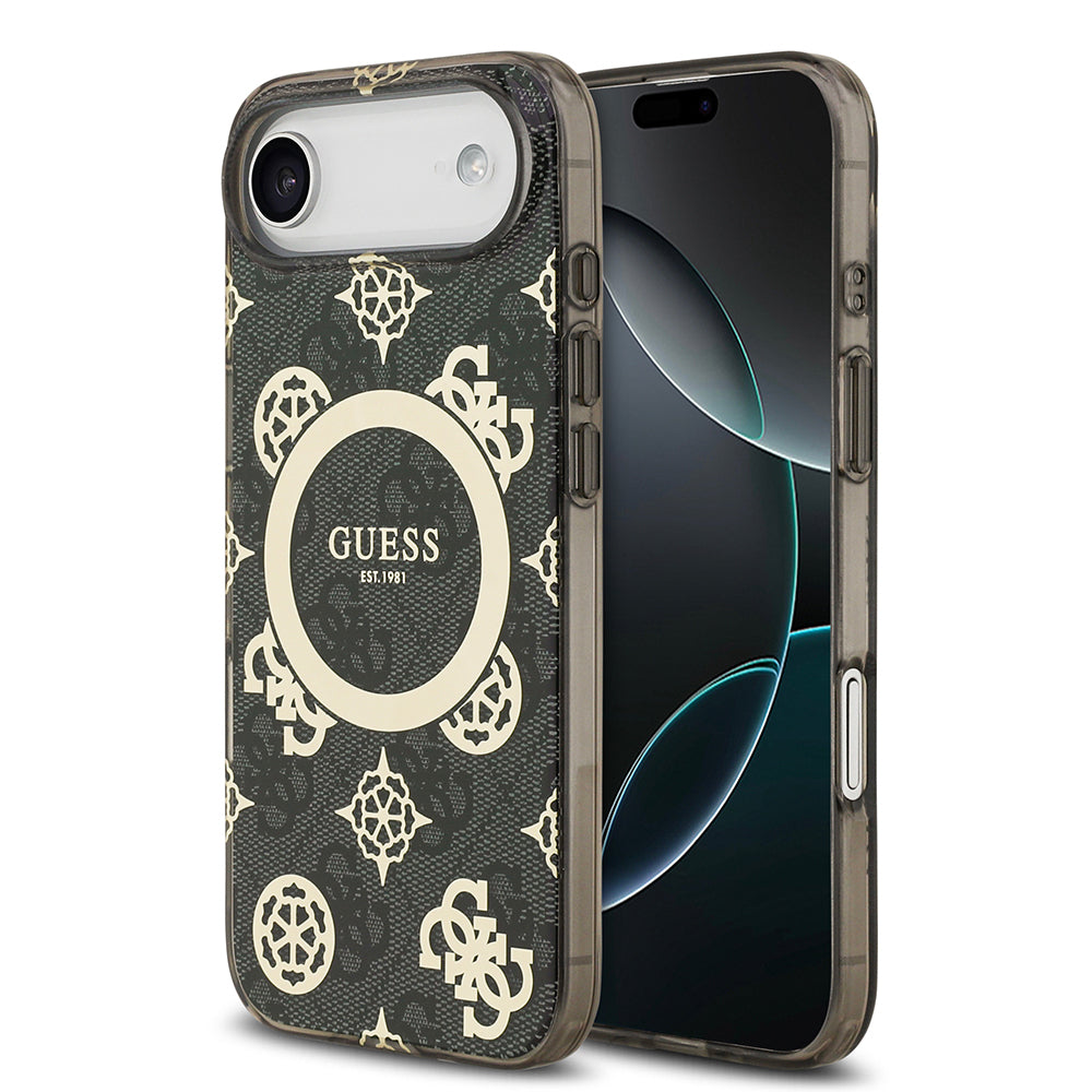 Apple iPhone 17 Air Kılıf Guess Orjinal Lisanslı M-safe Şarj Özellikli IML Peony ve 4G Desenli Klasik Logolu Kapak Siyah