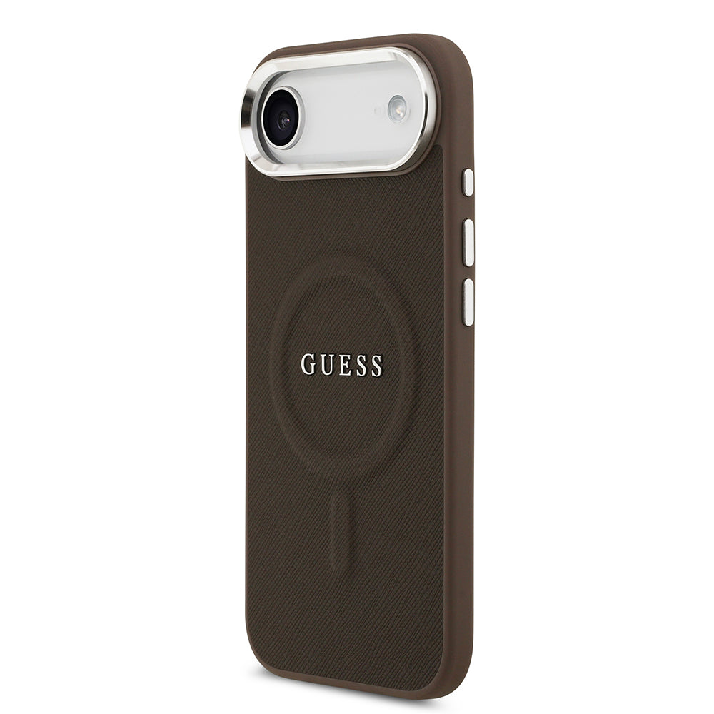 Apple iPhone 17 Air Kılıf Guess Orjinal Lisanslı M-safe Şarj Özellikli Klasik Yazı Logolu PU Deri Kapak Kahverengi