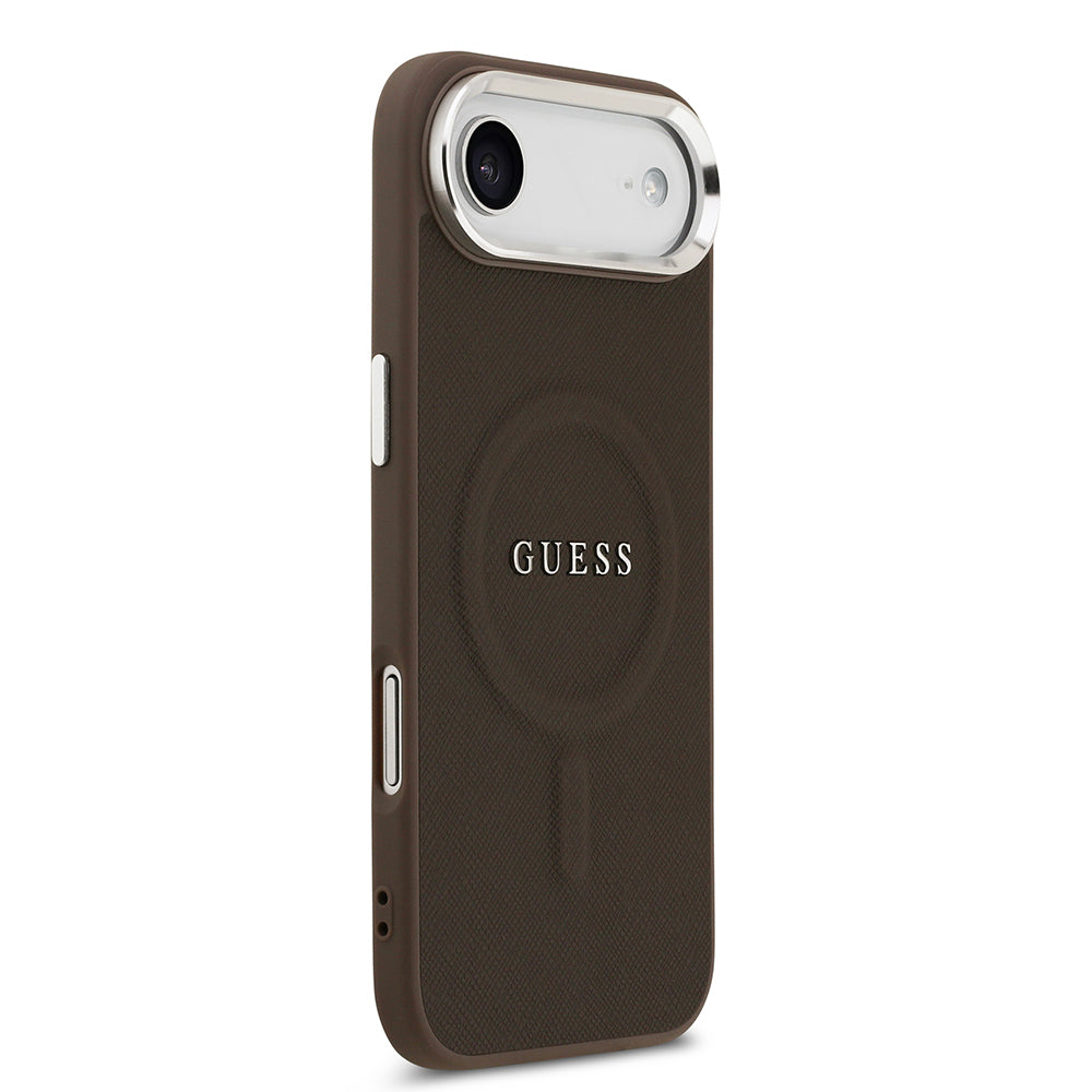Apple iPhone 17 Air Kılıf Guess Orjinal Lisanslı M-safe Şarj Özellikli Klasik Yazı Logolu PU Deri Kapak Kahverengi