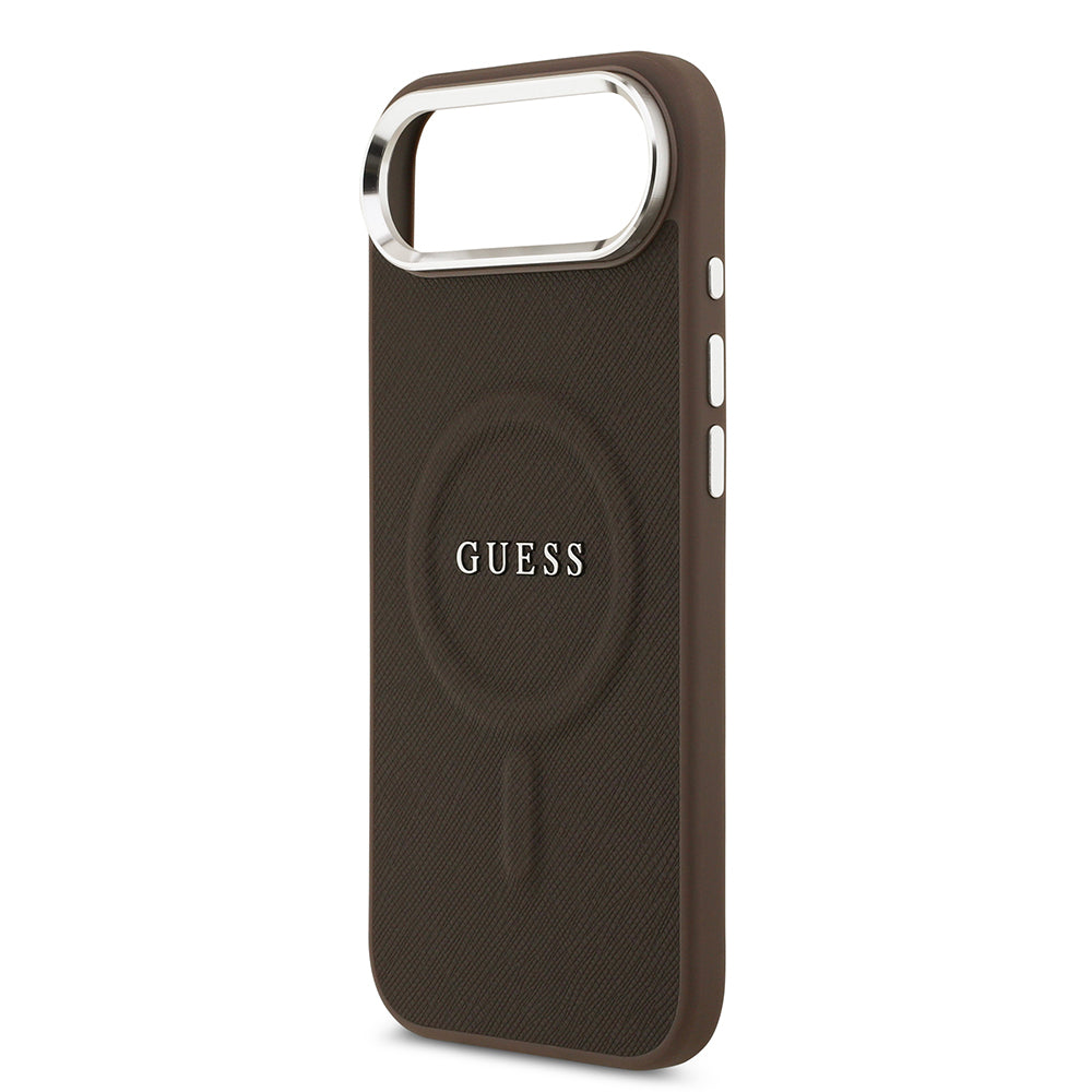 Apple iPhone 17 Air Kılıf Guess Orjinal Lisanslı M-safe Şarj Özellikli Klasik Yazı Logolu PU Deri Kapak Kahverengi