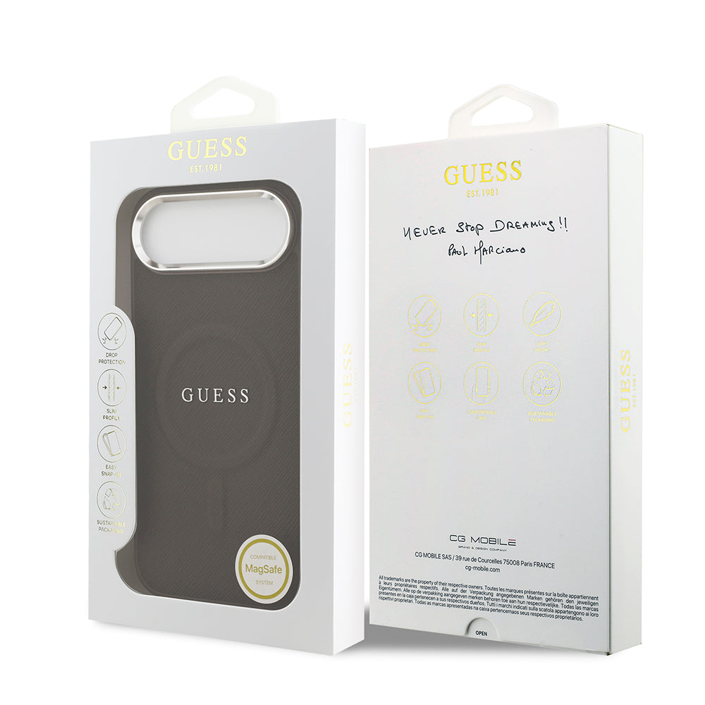 Apple iPhone 17 Air Kılıf Guess Orjinal Lisanslı M-safe Şarj Özellikli Klasik Yazı Logolu PU Deri Kapak Kahverengi