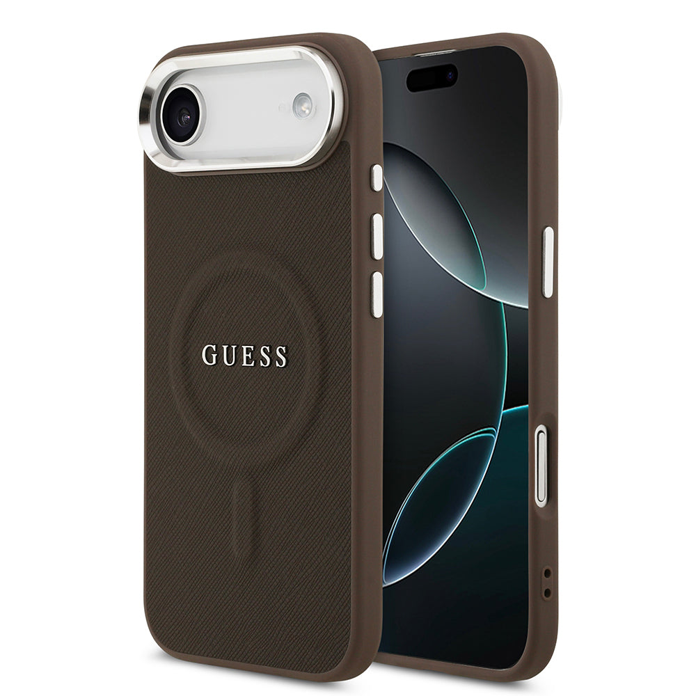 Apple iPhone 17 Air Kılıf Guess Orjinal Lisanslı M-safe Şarj Özellikli Klasik Yazı Logolu PU Deri Kapak Kahverengi