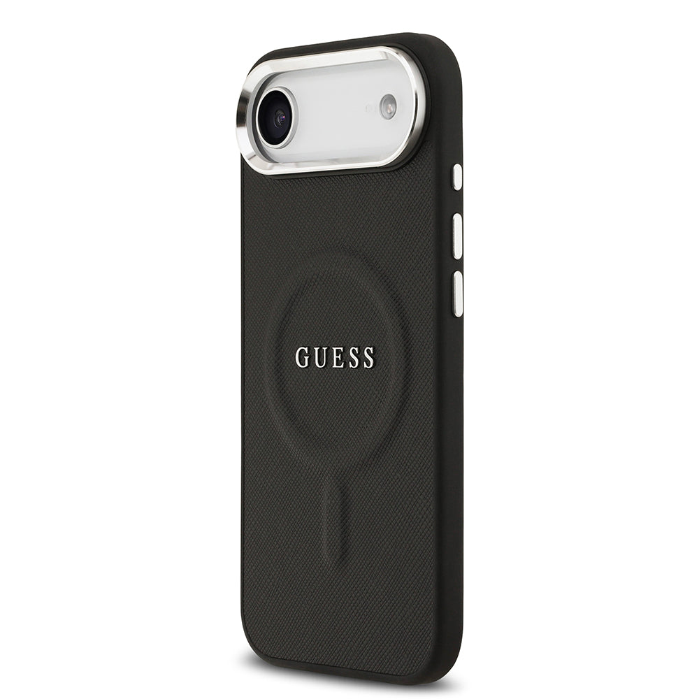 Apple iPhone 17 Air Kılıf Guess Orjinal Lisanslı M-safe Şarj Özellikli Klasik Yazı Logolu PU Deri Kapak Siyah