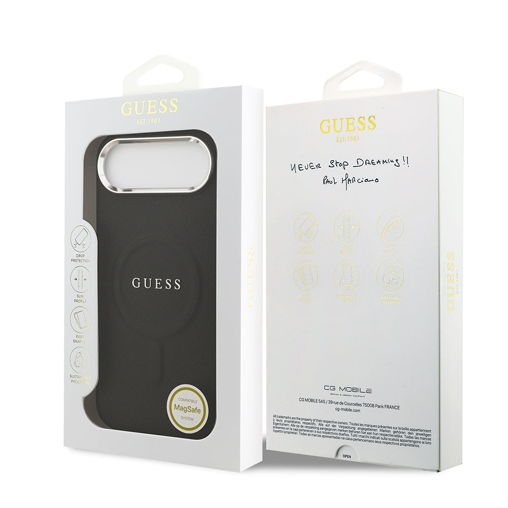 Apple iPhone 17 Air Kılıf Guess Orjinal Lisanslı M-safe Şarj Özellikli Klasik Yazı Logolu PU Deri Kapak Siyah